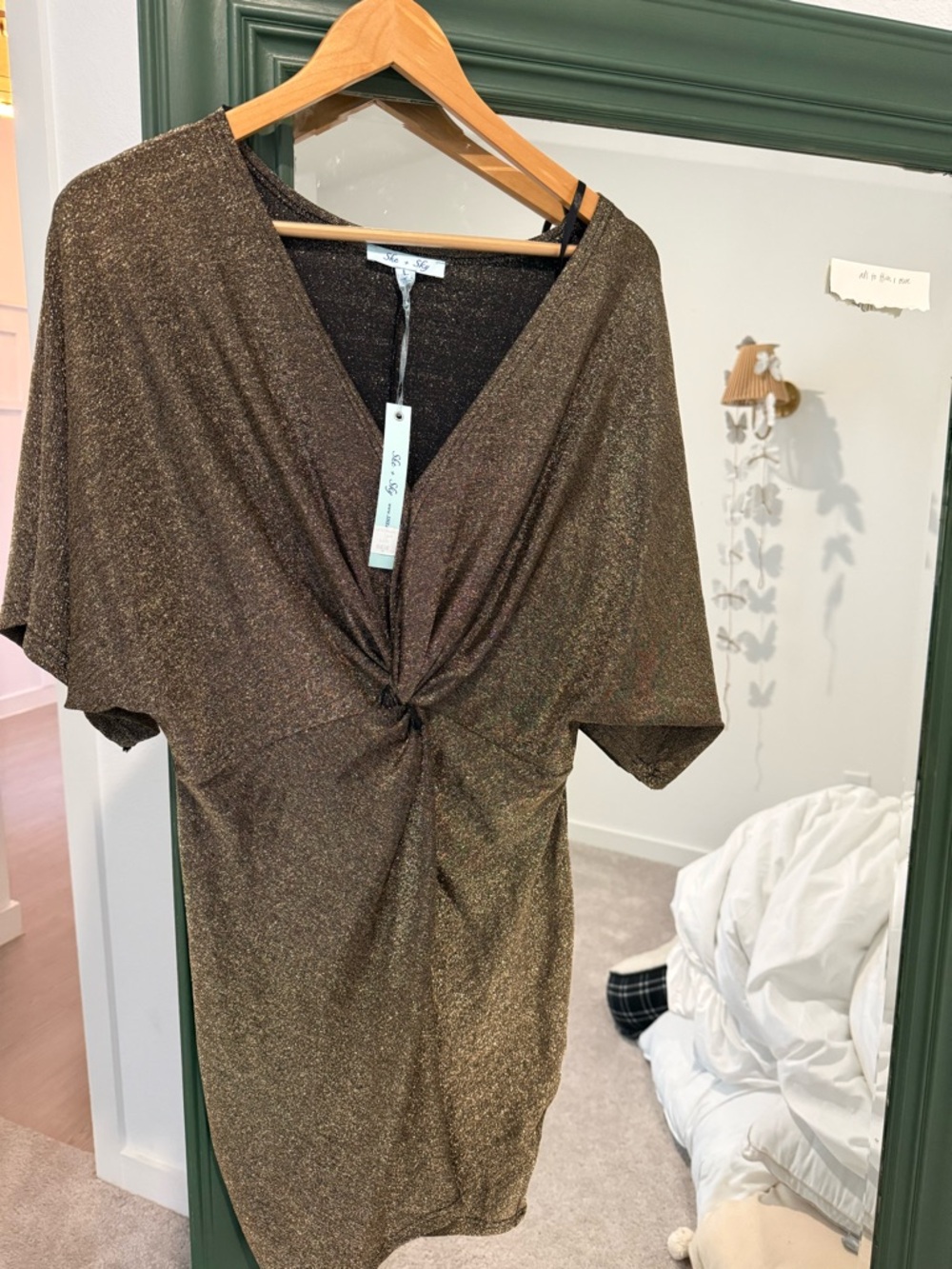 NWT Large She+Sky Shimmery Bronze Twist-Front Dress
